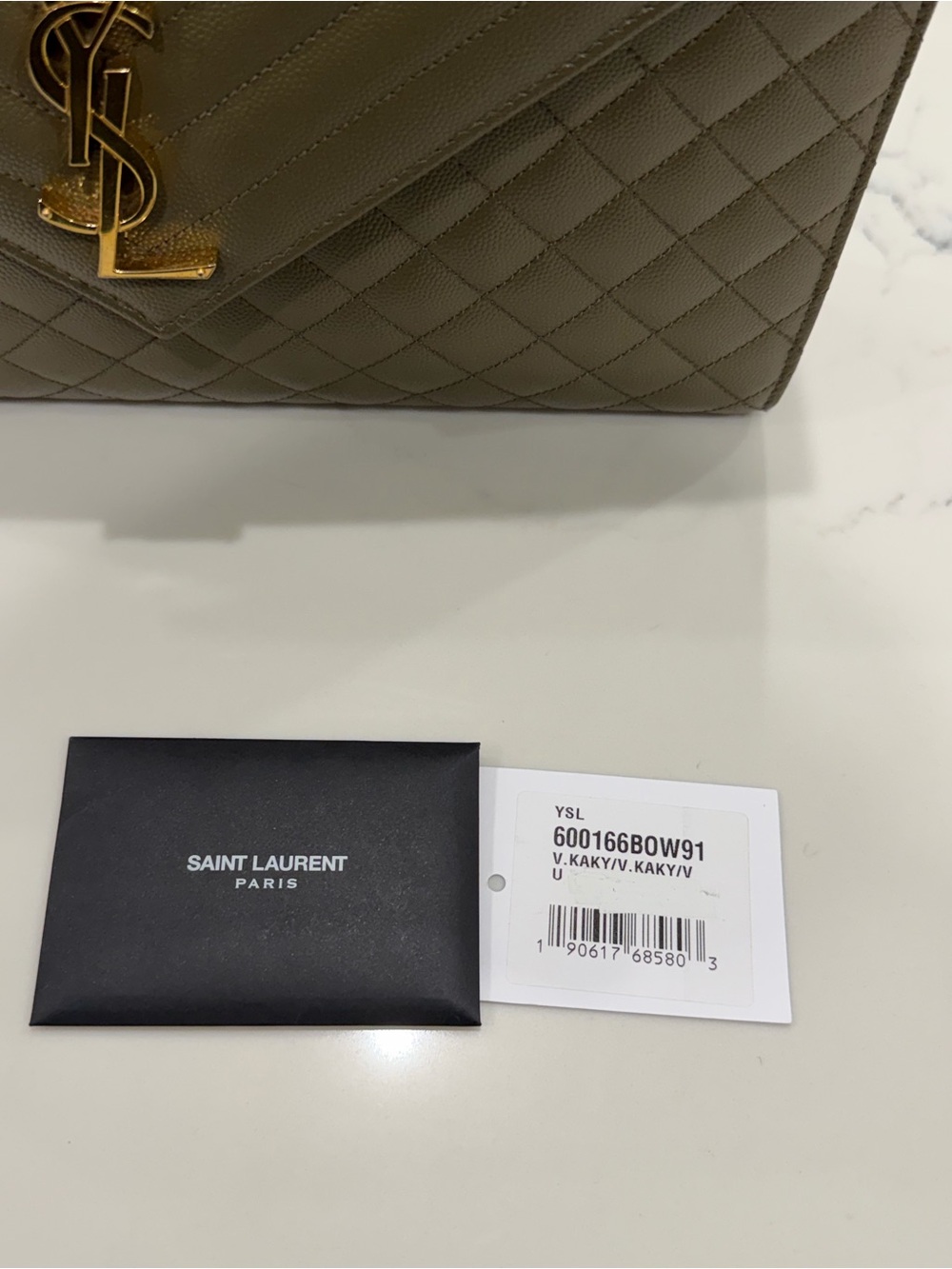 Saint Laurent Quilted Olive Green Envelope Shoulder Bag with Gold Hardware - Picture 13 of 14